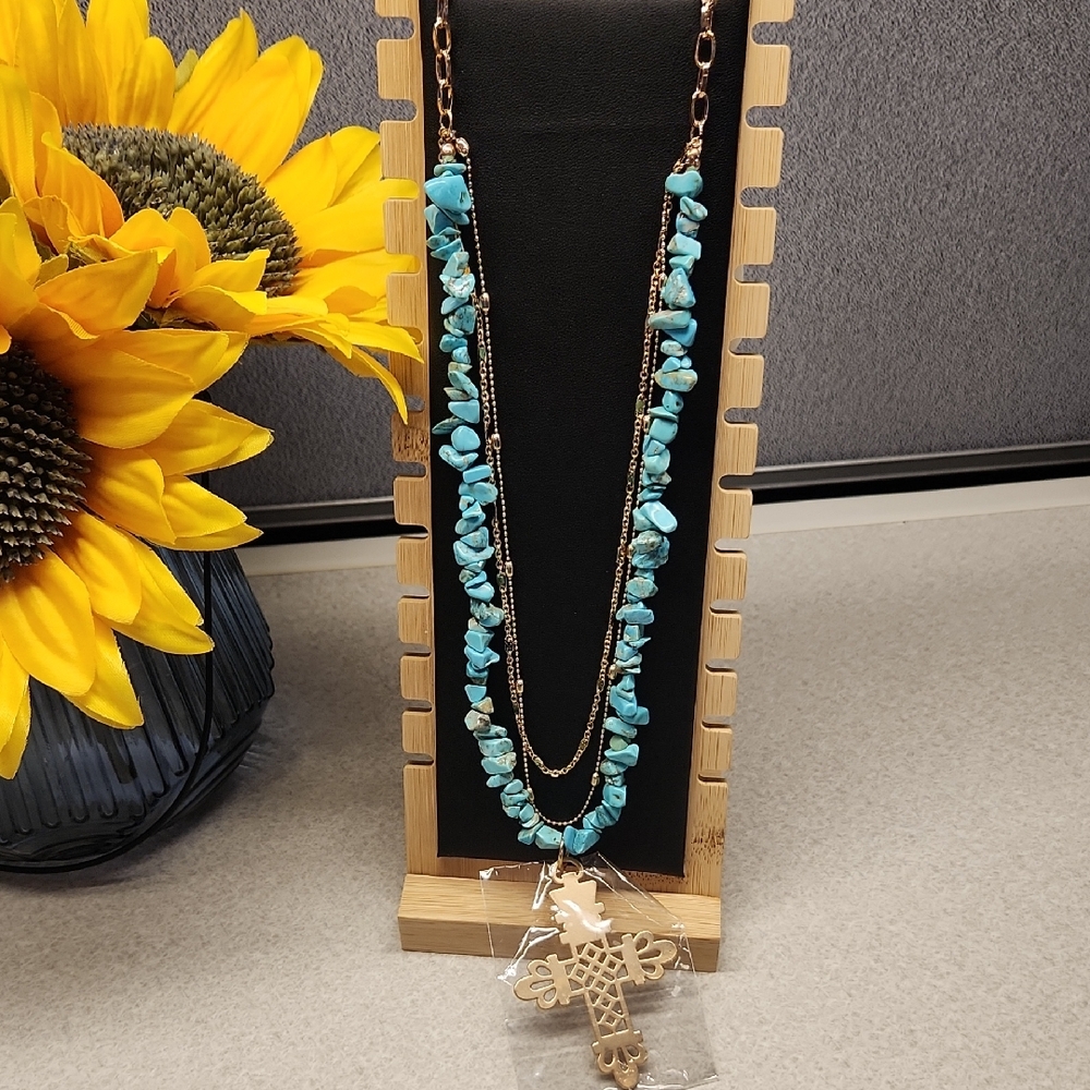 Cato Turquoise and Gold Tone Multi Layered Necklace with Cross Pendant NWT